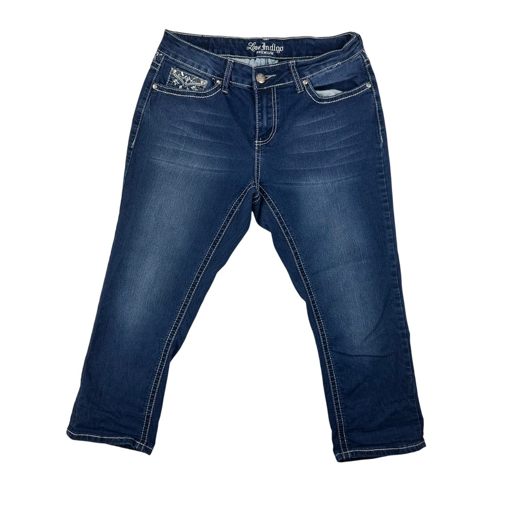 Love Indigo Capri Jeans Women's 6 Blue Embroidered Sequin Mid Rise‎ Denim